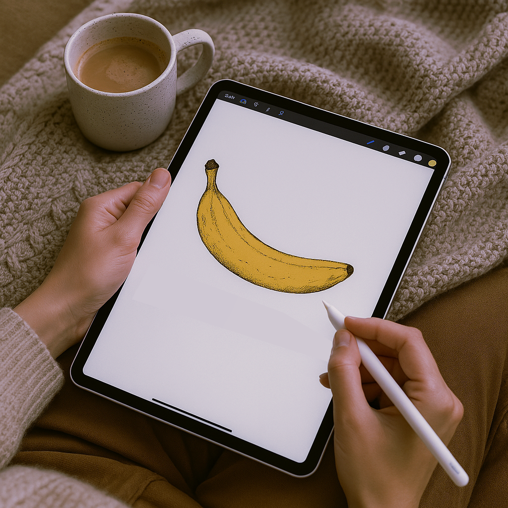 Hands drawing on an iPad with a coffee mug